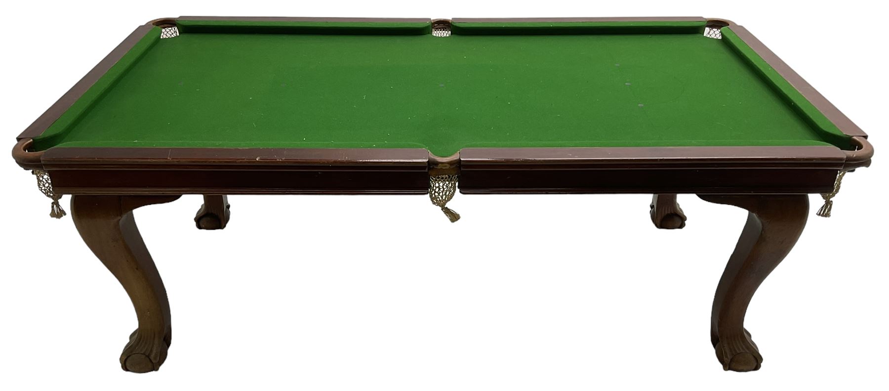 Riley - early 20th century mahogany snooker dining table, slate bed snooker table with dining leaves, on cabriole supports with ball and claw feet; together with accessories 