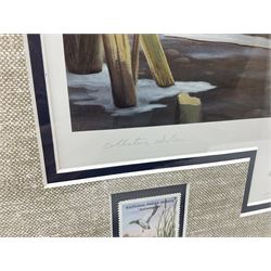 Five limited edition framed coloured prints of shooting interest comprising after C. Stanley Todd game birds taking flight in a mountainous lake landscape no.348/600; after J.C. Harrison game birds in flight over fields no.285/500; after Alan B. Hayman  'A Right and Left?' no.398/850; after Andy Beck 'Pheasant Drive' no.56/350; and after Leo Stans 'Autumn Air'; all signed on the mount; various frames (5)