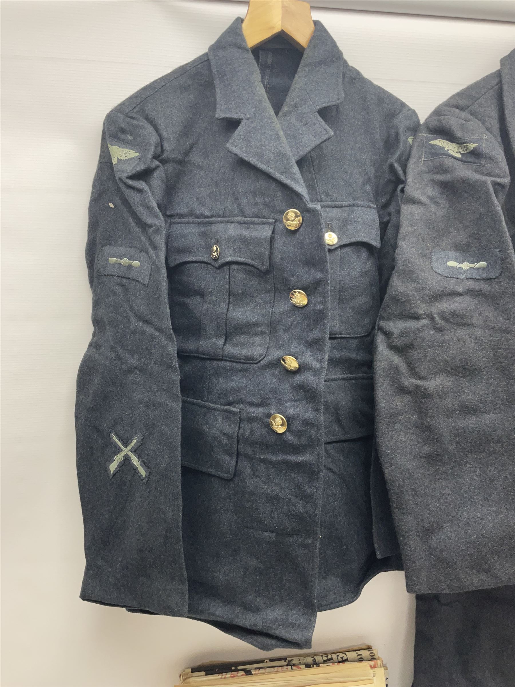 British RAF uniform, including jacket and trousers, modern RAF uniform buttons and a collection of reproduction wartime newspapers
