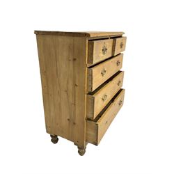 Victorian waxed pine chest, two short over three long drawers, turned feet