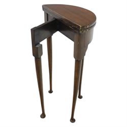 Small proportioned 19th century demi-lune drinks table, foldover top with gate action, raise on tapering cabriole legs