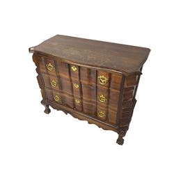 19th century Dutch serpentine chest, moulded edge, fitted with three drawers with shaped fronts and brass handle pulls, flanked by shaped uprights and panelled sides, raised on cabriole supports terminating in ball and claw feet