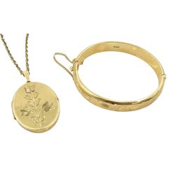 Gold hinged bangle and a gold locket pendant necklace, all 9ct