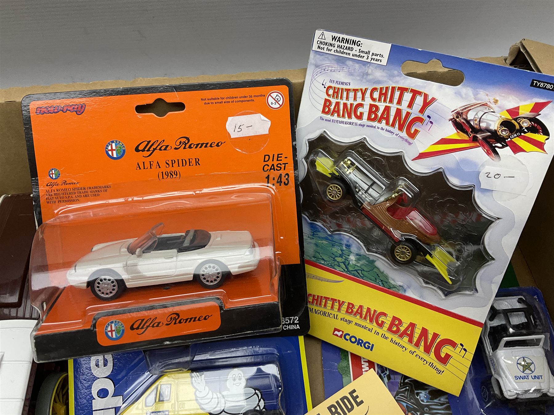 Corgi - collection of modern Showmans/Circus die-cast models including Dodgem car transporters, caravans, traction engines etc; all unboxed; and nine unopened blister packed models by Corgi, New-Ray etc including Chitty Chitty Bang Bang, Transit Vans etc