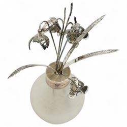 Frosted glass vase with silver collar containing silver snowdrops and leaves H11cm overall London 1998 Makers Mark TP