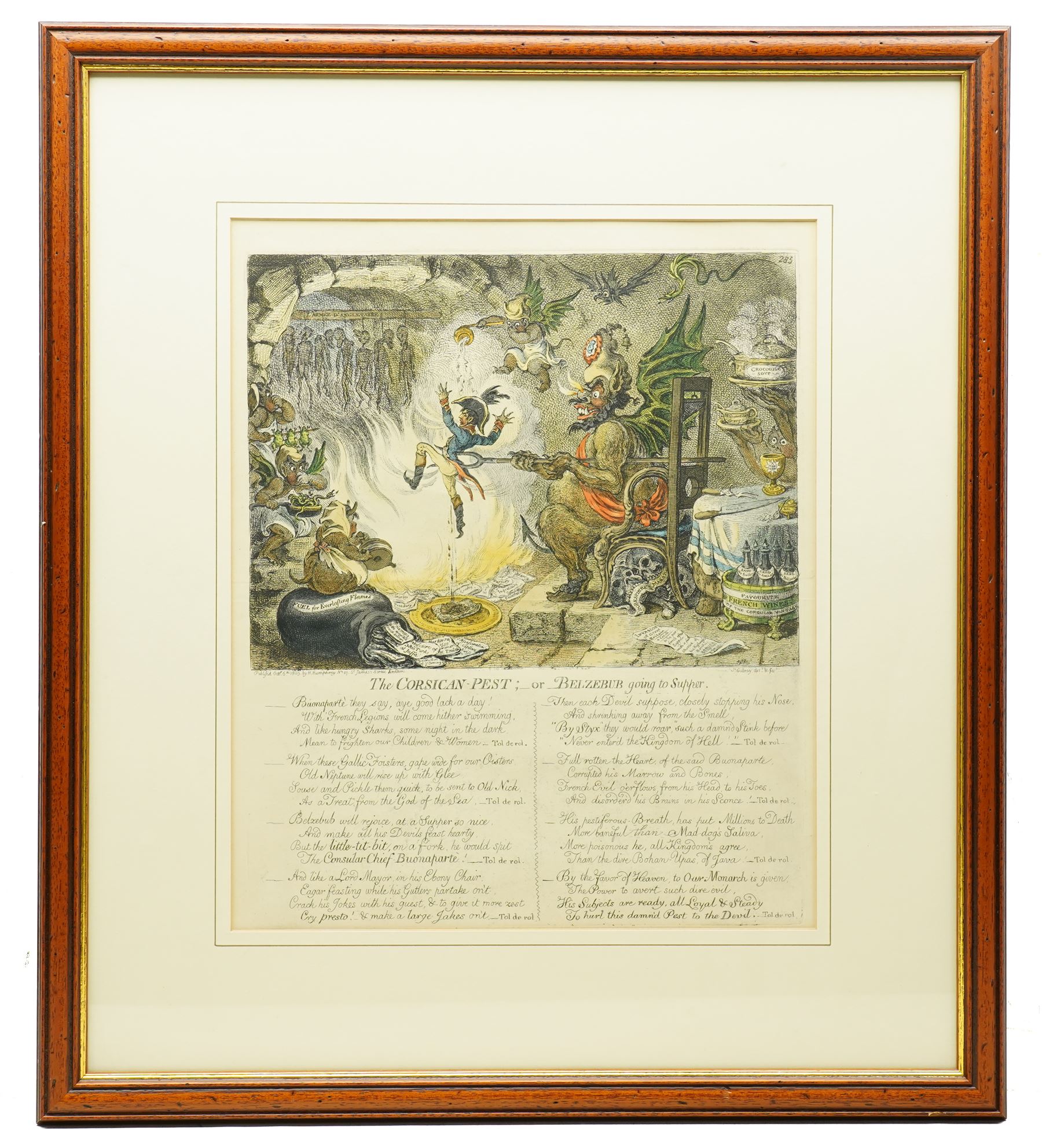James Gillray (British 1756–1815): ‘The Corsican Pest or Belzebub Going to Supper’, early 19th century satirical etching with hand-colouring pub. Hannah Humphrey, London, 1803, 42 cm × 35 cm
Notes: Napoleon Bonaparte is depicted being thrust into hell by devils while Beelzebub awaits him at a grotesque feast. The image reflects British fears and ridicule of Napoleon’s growing power, portraying him as a demonic threat to Europe during the Napoleonic Wars. Accompanied by a satirical verse condemning his deeds and praising British resistance.