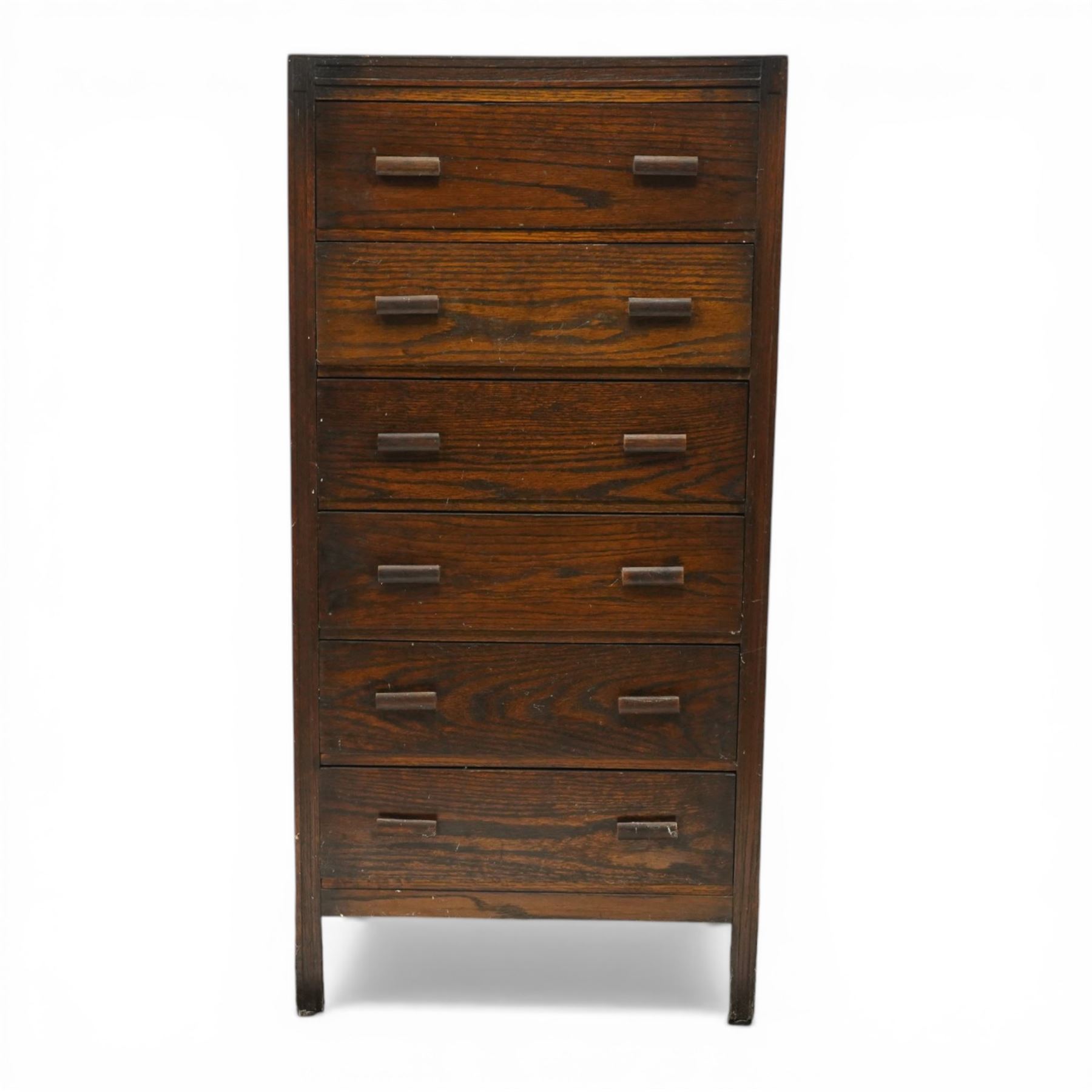 Edwardian tall oak chest fitted with six long drawers, on stile supports