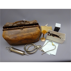  Doctors leather Gladstone bag with medical contents including shell and wound Dressings, stainless steel forceps, scalpel and other medial equipment etc  