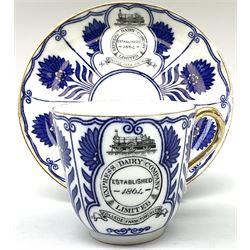 Late 19th century Coalport porcelain cup and saucer in the 'Aster' pattern bearing the crest of Express Dairy Company Limited, College Farm, Finchley and decorated with a steam locomotive