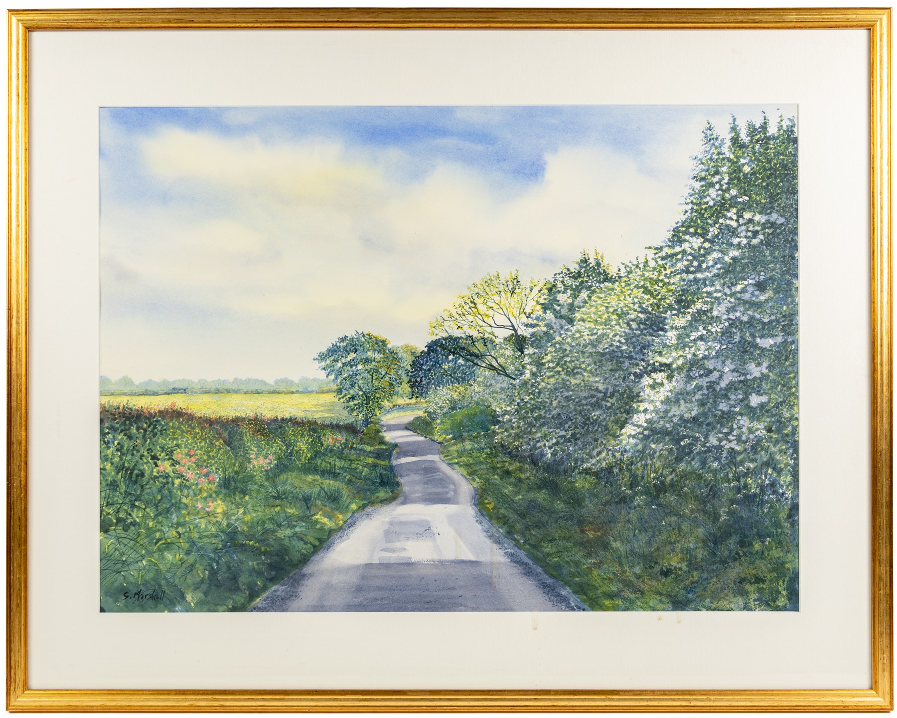 English School (20th century): Ouse Bridge at Dusk, watercolour possibly signed below the mount 51cm x 71cm; Glen Marshall (British Contemporary): A Yorkshire Countryside Path, watercolour signed 51cm x 71cm, in matching gilt frames (2)