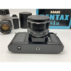 Asahi Pentax S1a camera body, serial no. 707071, with 'Super-Takumar 1:1.8/55' lens, serial no 2124044, together with Asahi Pentax Sv camera body, no. 1925617 with 'Super-Takumar 1:2/55' lens, serial no. 2770153, Asahi Pentax Meter, 'Super-Takumar 1:3.5/28' lens, serial no. 2075492 and 'Super-Takumar 1:4/150' lens, serial no. 1461613  