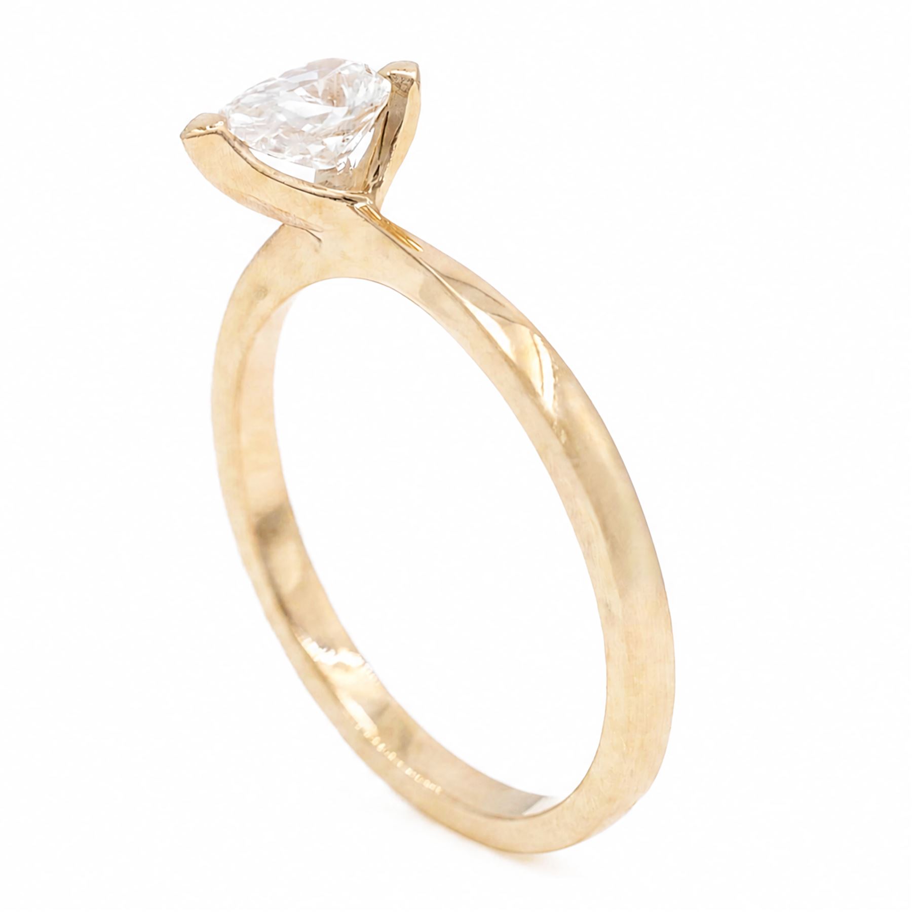 18ct rose gold diamond ring, three claw set with a single pear cut diamond of 0.52 carat, hallmarked, boxed with with GIA report