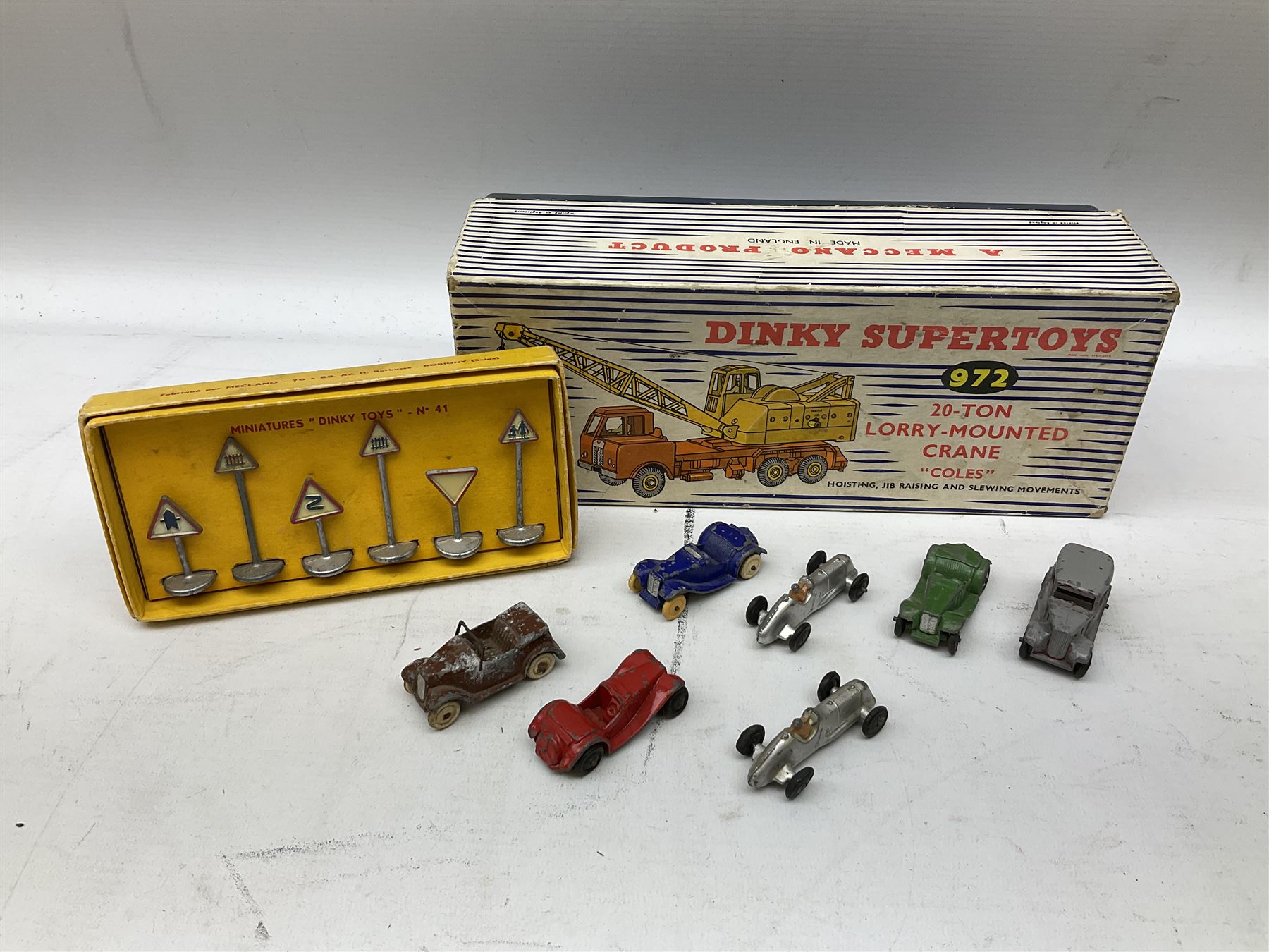 Dinky - Supertoys 20-Ton Lorry mounted Crane 'Coles' No.972; boxed; French made Miniature Road Sign Set No.41; boxed; and seven unboxed small die-cast models (9)
