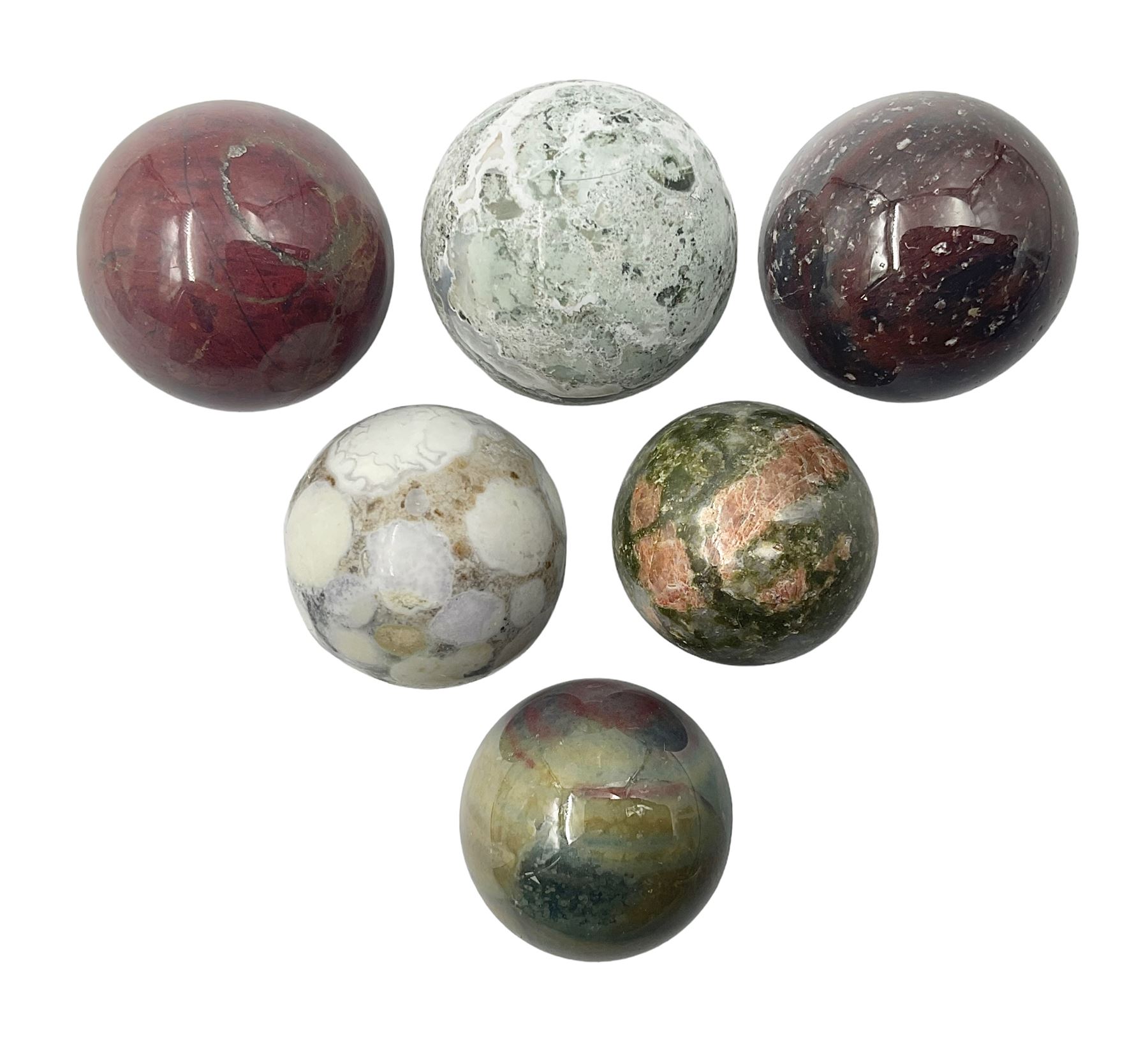 Six mineral specimens spheres, comprising jasper red, spotted agate, unakite, sardonyx, petrified wood and bloodstone, D2cm