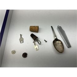A group of assorted collectables, to include small oval purple guilloche enamel frame, WWII matchbox holder depicting Winston Churchill, Halcyon Days enamel box, Ronson table lighter, ebonised glove stretchers, ivory napkin ring, mother of pearl handled button hook, engine turned cigarette case, etc. 