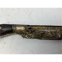 19th century Singhalese knife pia kaetta, the 20cm steel blade inset with yellow and white metal, with metal mounted carved pistol grip, in plain wooden scabbard L33cm overall