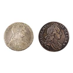 William III 1695 crown coin mounted as a brooch and a Maria Theresa restrike silver Thaler 