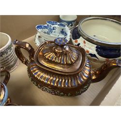 19th century and later ceramics, including Sunderland lustre mug, with agricultural scene and quote, together with lustre teapot and jugs, bowl with silver rim, Sampson dish, English blue and white tea bowls and saucers, blue and white tile, etc
