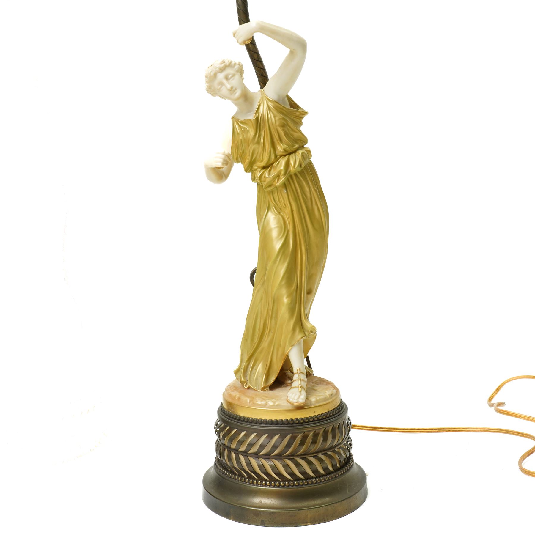 Pair of Royal Worcester table lamps modelled by James Hadley with female musicians with two branch metal fittings and filigree finials on circular bases H75cm
