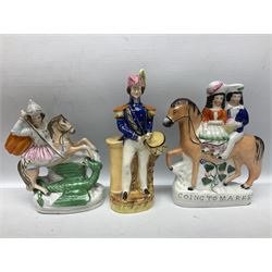 Quantity of Victorian and later Staffordshire style figures, to include examples upon horseback, sheep, drummer etc