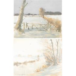 William Burns (British 1923-2010): 'Snowy Fields' and 'A River in Winter', two oils on boa...