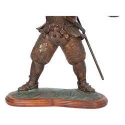 Japanese bronze of a Samurai, possibly Meiji period, standing holding spear, on a wave form base, H72cm