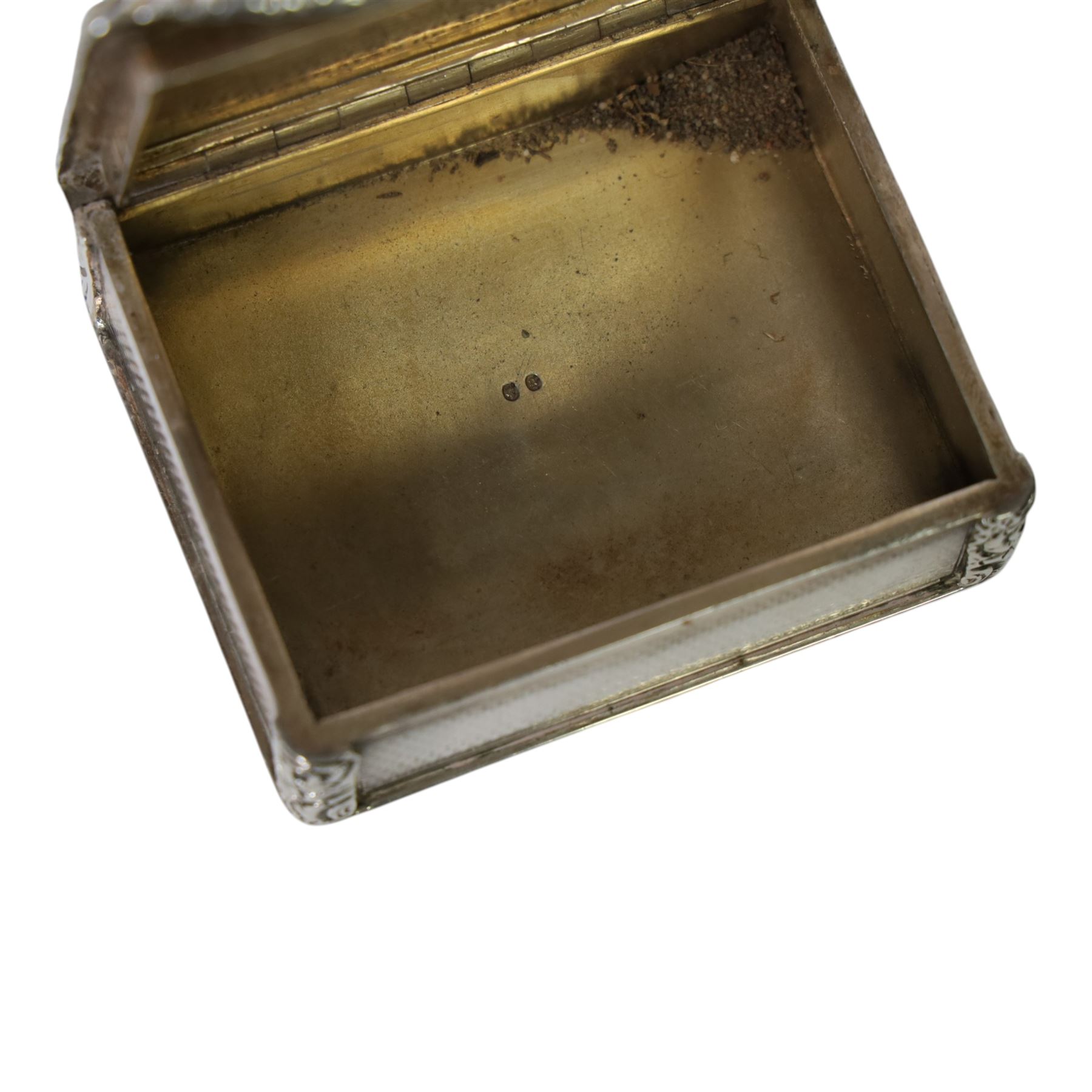 Rare Victorian silver provincial snuff box, of rounded rectangular form, the hinged cover with central engraved crest above motto 
