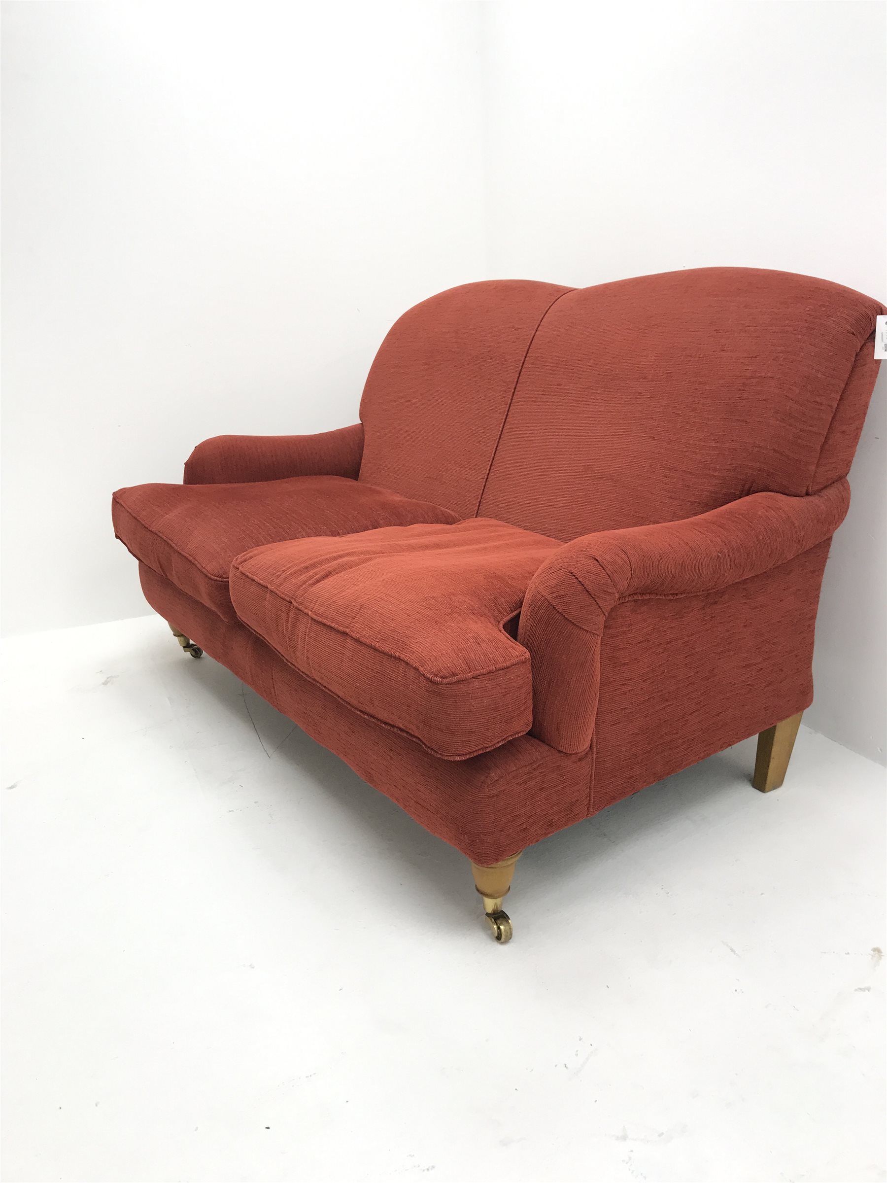 Laura Ashley Twickenham three seat sofa upholstered in a red fabric, turned supports (W188cm) and matching two seater (W160cm)