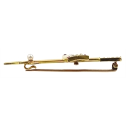  Victorian gold shield and axe bar brooch, set with three rubies, eight diamonds and a pearl, dated 1896, Rd 29123  