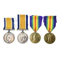 Two pairs of WW1 medals comprising British War Medal and Victory Medal awarded to 2076 Pte. J.T. Rushby Linc. R. and 18924 Pte. W.J. Rodd Glouc. R.; all with ribbons (4)
