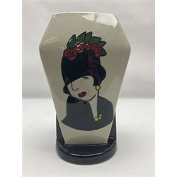 Charlotte Rhead for Crown Ducal ceramics, comprising coffin shaped vase depicting a woman in 1920s dress, a vase with handle, decorated with autumn leaves and a bowl, decorated with flowers and berries, with printed and signed marks beneath, coffin vase H24cm