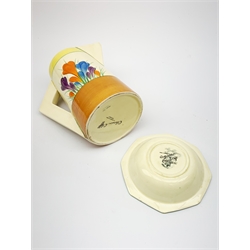A Clarice Cliff Newport Pottery jug, decorated in the Crocus pattern, H16.5cm, together with a Clarice Cliff Bizarre by Wilkinson Limited octagonal bowl, decorated in the Crocus pattern, D13cm, each with printed marks beneath. 