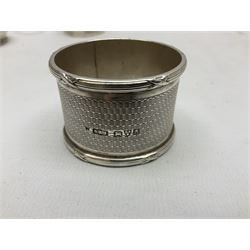 Group of silver to include cased set of six silver handled knives hallmarked Birmingham 1921 by Raeno Silver Plate Co, three hallmarked napkin rings etc together with silver plated and other metalware etc