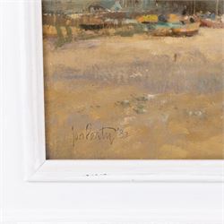 Jon Peaty (British 1914-1991): Beach Scene with Boats, oil on board signed and dated '82, 36cm x 51cm 