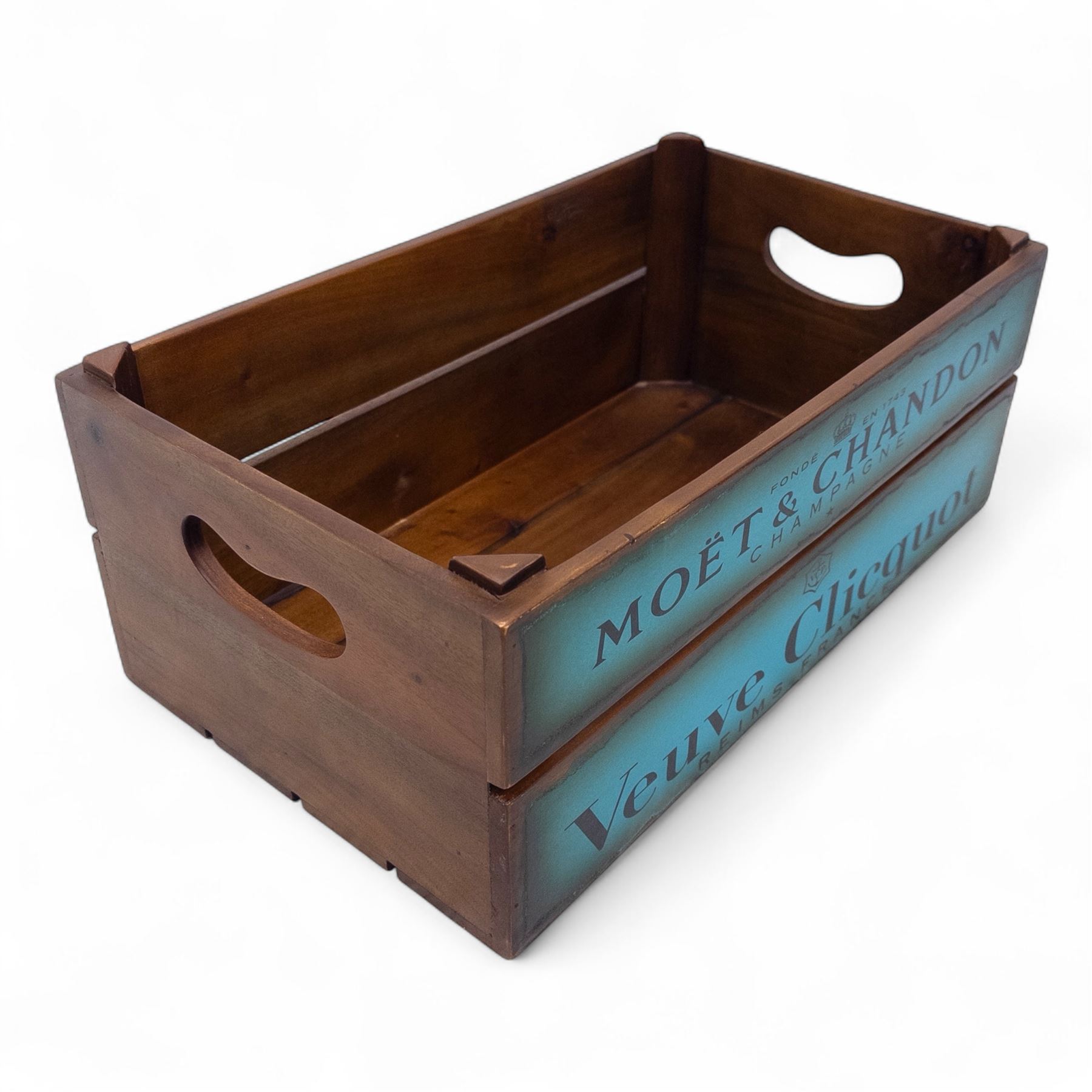 Three-piece champagne advertising display set, comprising pine steps with painted Dom Pérignon and Bollinger lettering, and two wooden boxes branded Moët & Chandon and Veuve Clicquot (Steps H 80cm, W 44cm, D 68cm, crates each H 18cm, W 44cm, D 26cm)