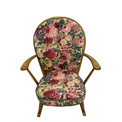 Ercol - beech easy rocking chair, with upholstered loose cushions in floral patterned fabric