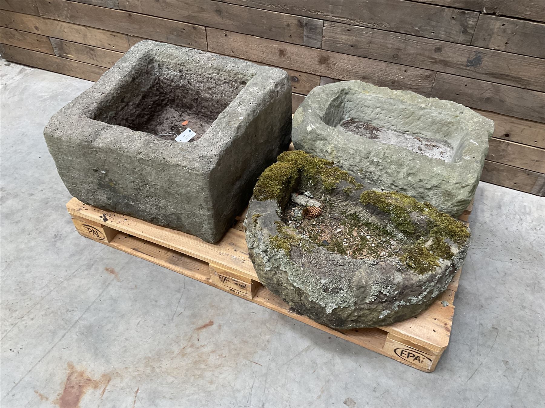 19th century square stone trough, D shaped trough and a small rectangular trough