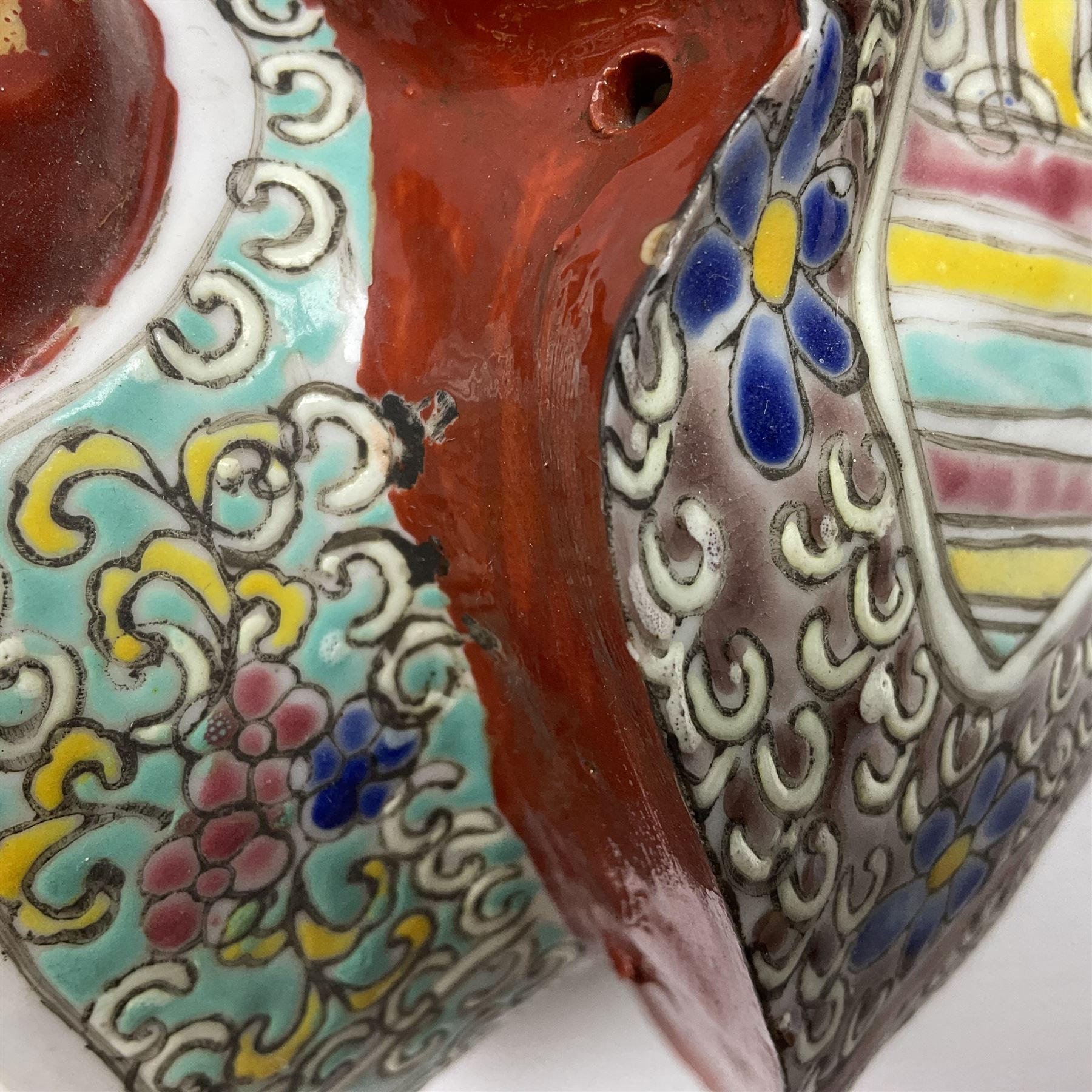 Chinese Republic Period porcelain figure, modelled as Shoulao, wearing elaborately enamelled robes decorated with peaches and flower heads, with impressed mark beneath, H55cm