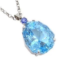 18ct white gold large blue topaz and sapphire pendant necklace, stamped 750, blue topaz approx 89.50, sapphire approx 0.60 carat