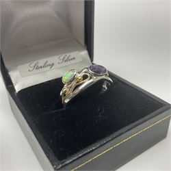 Silver and 14ct gold wire oval amethyst and opal ring, stamped 925 