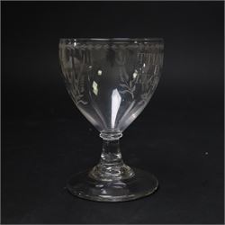 Early 19th century electioneering glass rummer, circa 1800-1830, the funnel bowl engraved with the inscription 'MORRITT FOREVER', and initials 'Y I M' verso, within leafy sprigs and beneath a husk band to rim, upon a plain short spreading stem, upon conical foot, H13.5cm

John Bacon Sawrey Morritt (circa 1772–1843) of Rokeby Park was a traveller, classical scholar, landowner, politician, and friend of Sir Walter Scott. He sat in Parliament for Beverley (1799–1802) and later for Northallerton (1814–1818), periods when fiercely contested elections often produced engraved drinking glasses as campaign propaganda, which were distributed in taverns and at election dinners. Examples connected to local candidates such as this are particularly scarce and survive as rare intersections of political history and material culture. 