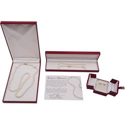 A suite of 14ct gold mounted freshwater cultured pearl jewellery, comprising stud earrings, bracelet, and necklace, boxed with certificate 
