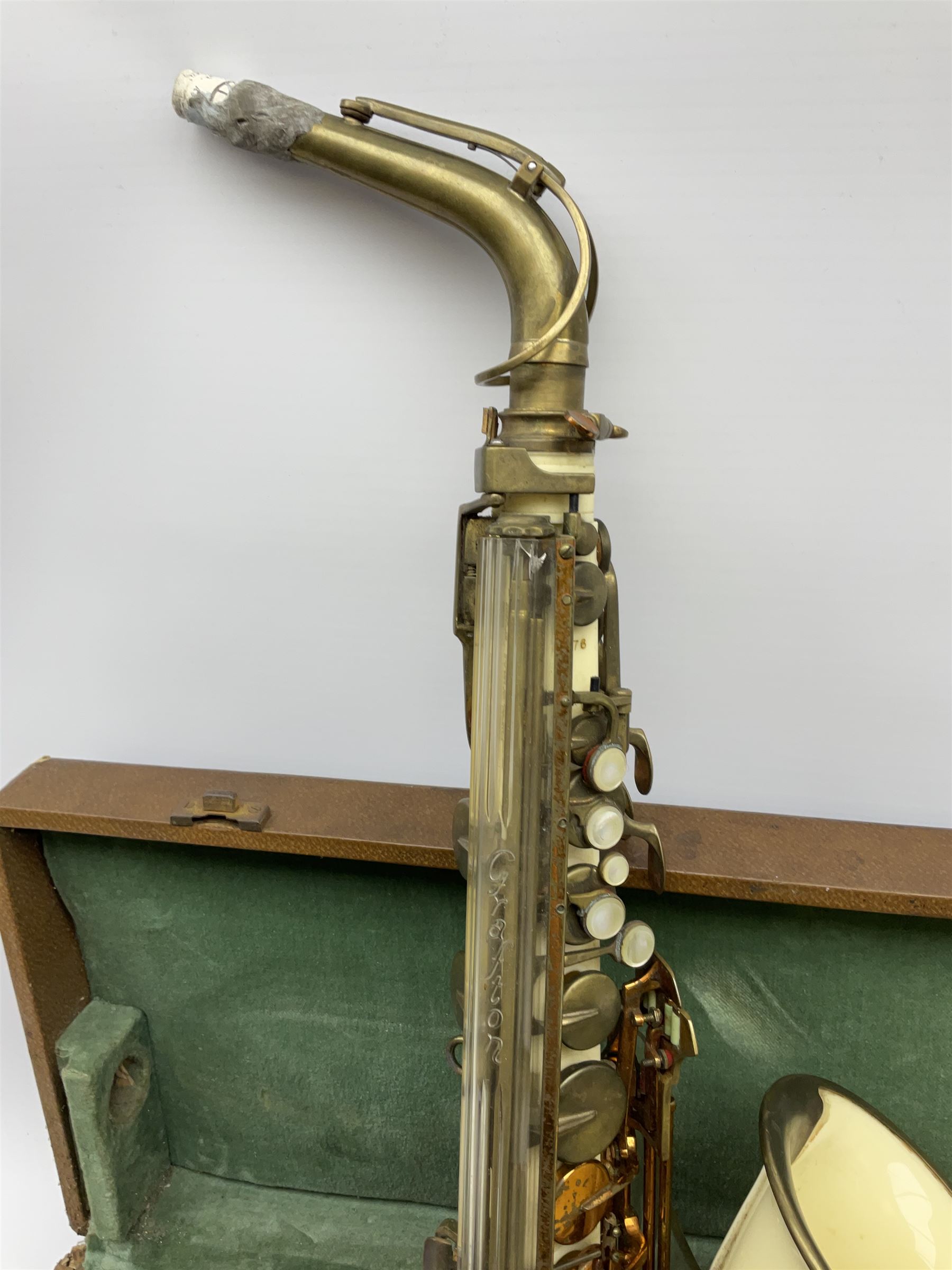 1950s Grafton injection moulded cream acrylic plastic alto saxophone designed by the Italian Hector Somorisen and distributed by John E. Dallas & Sons London, serial no.10776 L66cm, in original fitted carrying case