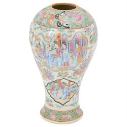Chinese Famille Rose vase, decorated in polychrome enamels with figural panels of temple scenes, with borders of dragons and butterflies, H25cm