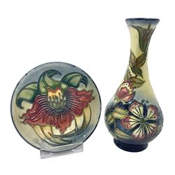 Moorcroft vase, of bottle form, decorated in the Sweet Briar pattern by Rachel Bishop, dated 1997, H7cm, together with a Moorcroft pin dish decorated in the Anna Lily pattern, D12cm (2)