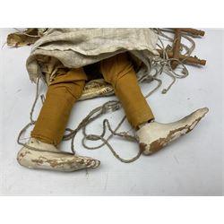 Large string puppet, probably Thai or Burmese, modelled as a woman in traditional costume embellished with sequins, the painted head with articulated mouth, the wood body and hands jointed, L70cm