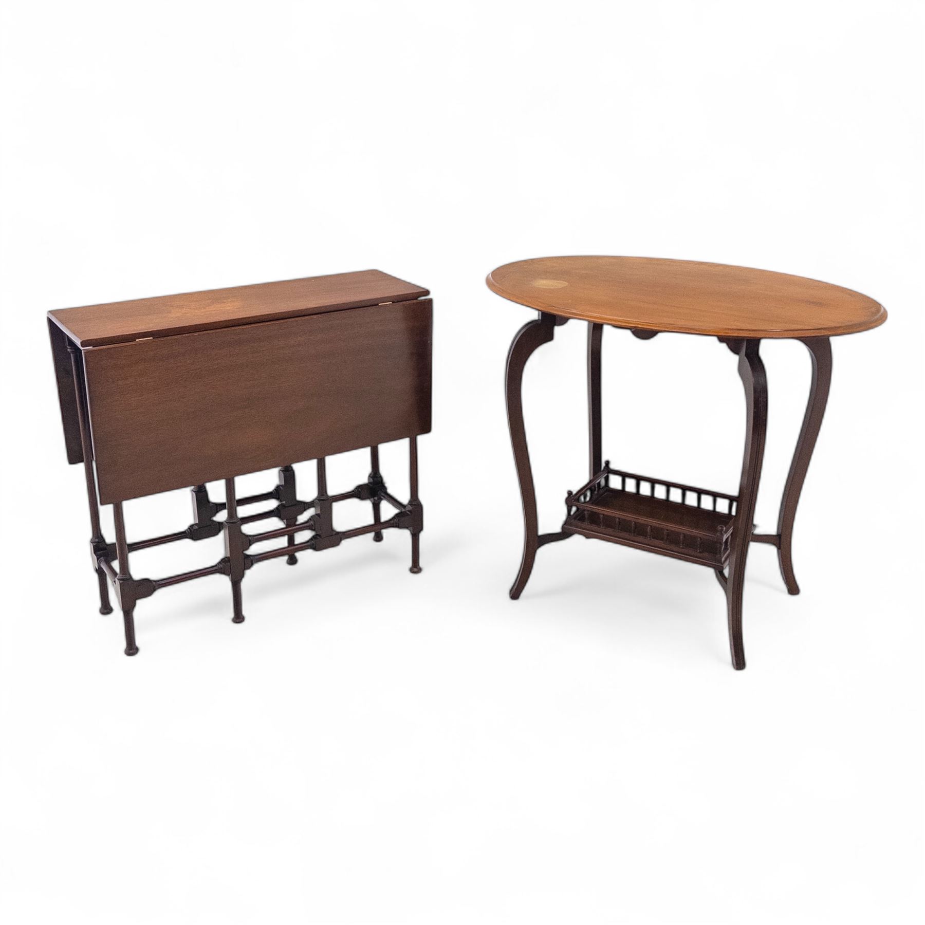 Set of two early 20th century mahogany occasional tables, comprising an oval example with under-tier and galleried shelf on swept supports, and a drop-leaf Sutherland table with turned gateleg supports and stretcher base (Oval H 74cm, W 57cm, D 86cm) (Sutherland H 71cm, W 30cm-94cm, D 76cm)