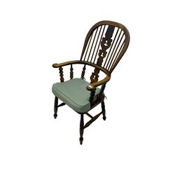 Late 19th century Yorkshire Windsor armchair, high stick back with pierced and fretwork splat, turned supports joined by H-stretcher