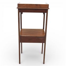 George III mahogany two tier night stand, rectangular tray top with three quarter gallery and shaped cut corners, pierced fret brackets to the apron, fitted with a single drawer to the lower tier, raised on slender square section legs
