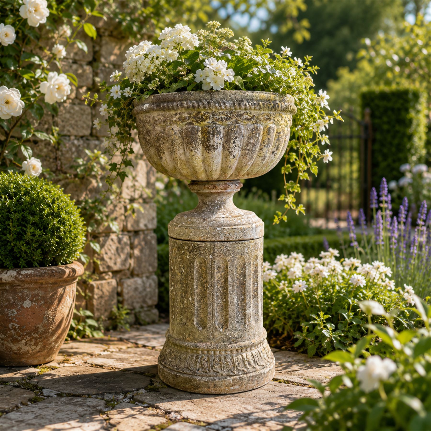 20th century good quality weathered cast stone pedestal urn of ecclesiastical design, circular lobed bowl with rope twist and lattice border, raised on squat base with fluted column  and acanthus decorated base